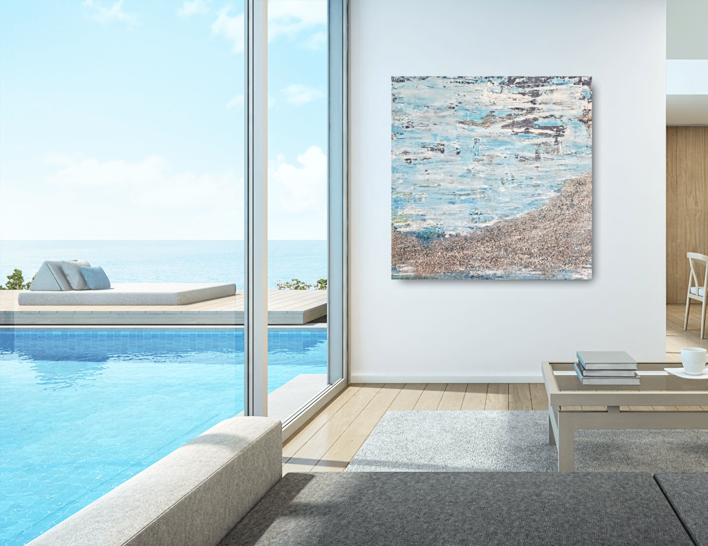 This is a calming painting enhancing the ocean featuring light blue colors and silver pebbles which add texture and depth to the painting